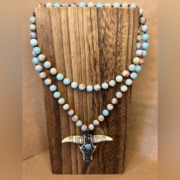 8mm Natural Imperial Jasper Stone Beads, Pendant Features Bling Oxen Head 🐂 - Picture 3 of 8